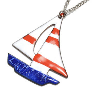 Vintage Americana Summer Enamel Sailboat Necklace